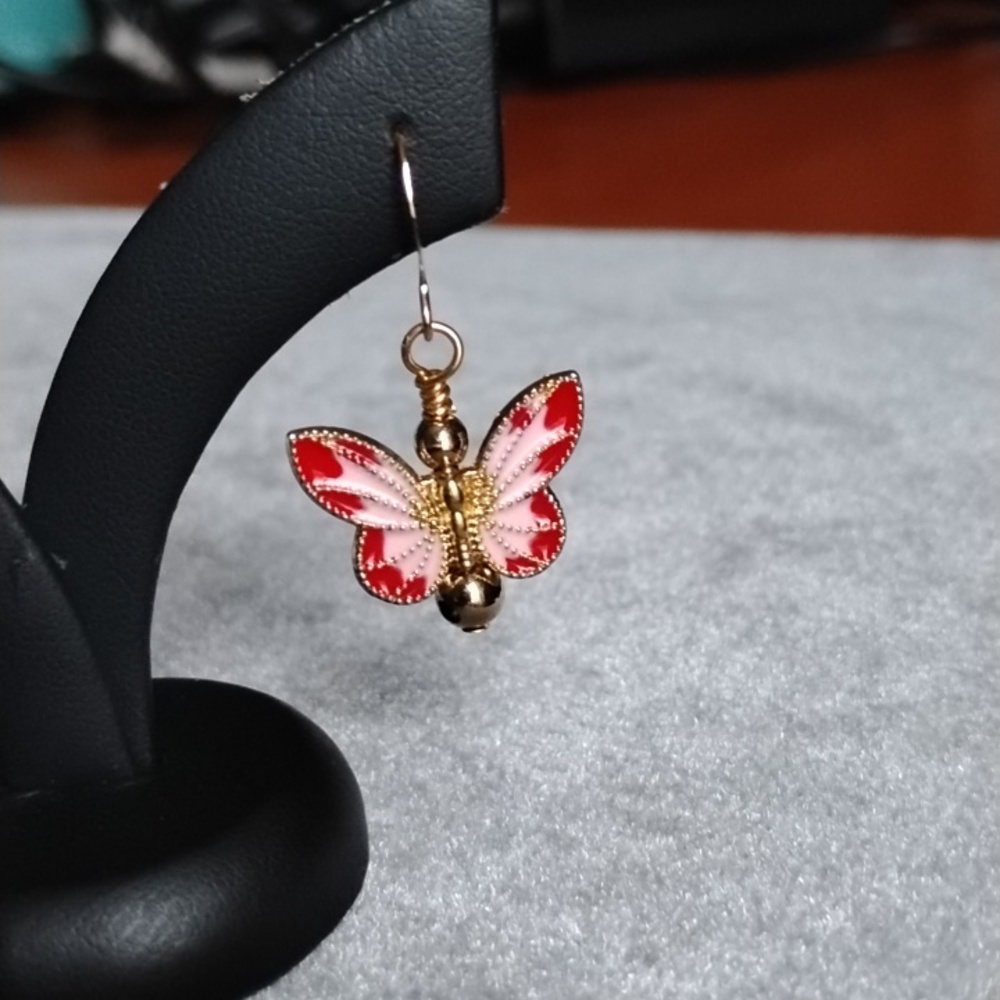 Hand Crafted Red And Pink Gold Butterfly Earrings - Picture 3 of 5